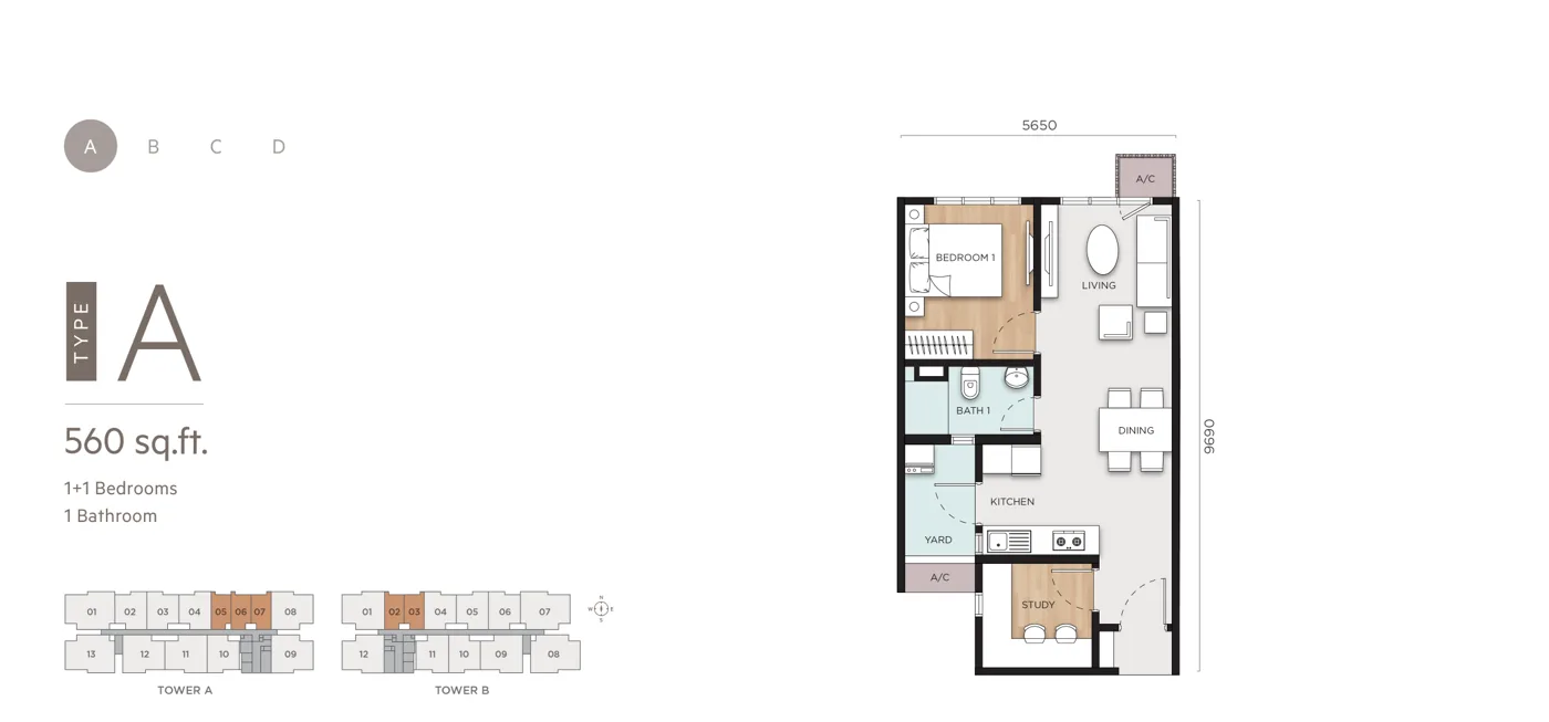 Type A official floor plan, 560 sq ft, Anya at Shorea Park