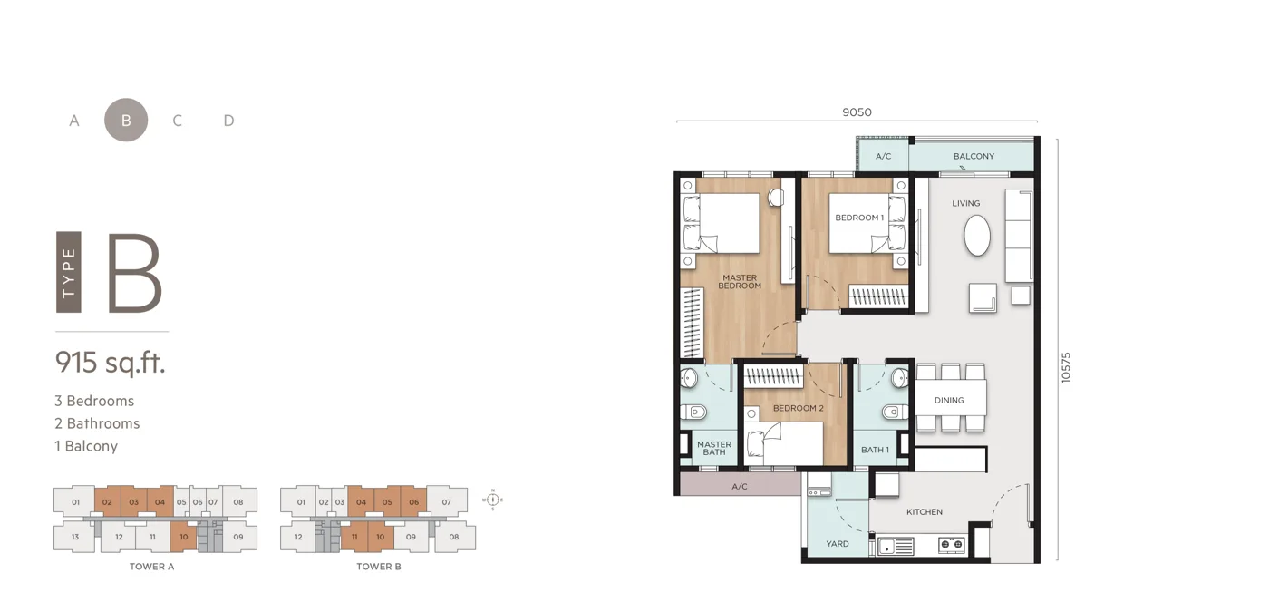 Type B official floor plan, 915 sq ft, Anya at Shorea Park
