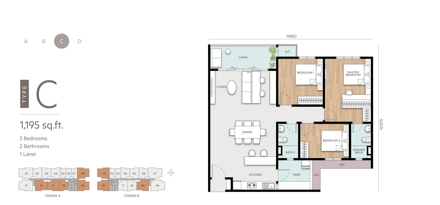 Type C official floor plan, 1195 sq ft, Anya at Shorea Park