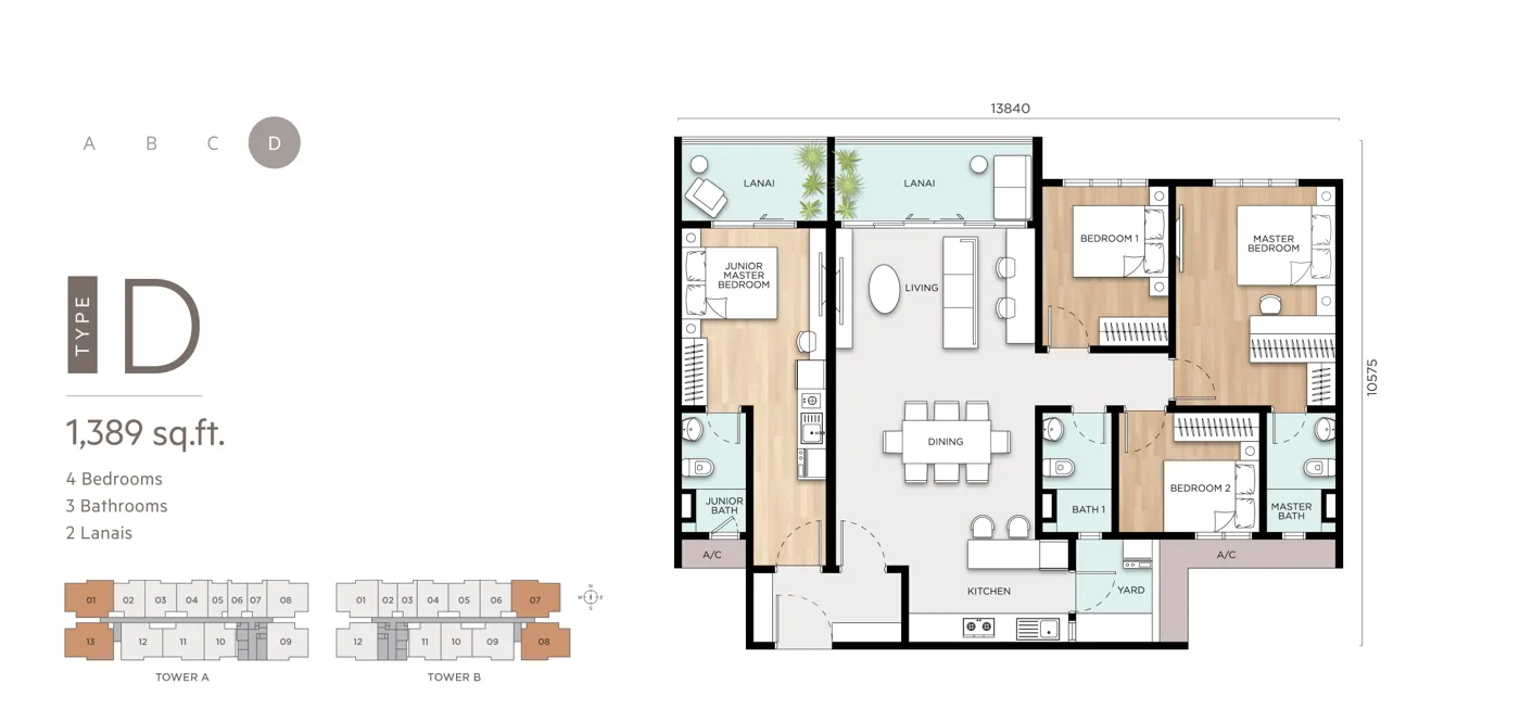 Type D official floor plan, 1389 sq ft, Anya at Shorea Park